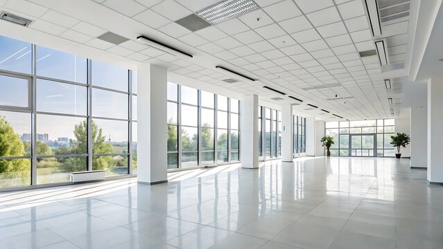 Bright Open Space with Large Windows and Minimalist Design, Flooded with Natural Light, Perfect for Modern Interiors.