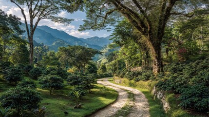 Obraz premium Lush coffee plantation path, mountains beyond