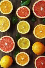 Fototapeta premium Vibrant citrus fruits oranges, grapefruits, and lemons on wooden table for healthy nutrition