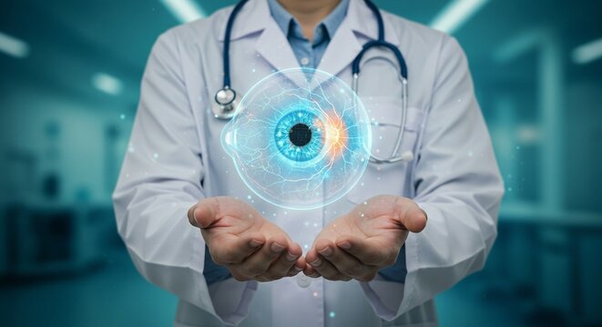 A doctor holding a digital eye in their hands, suggesting advanced treatment and care of ophthalmic conditions.