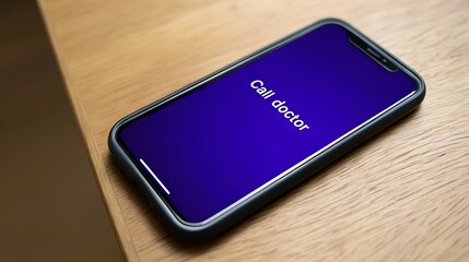 Smartphone mock up displaying a call doctor screen on a purple background, resting on a wooden surface, showcasing modern technology and communication in healthcare