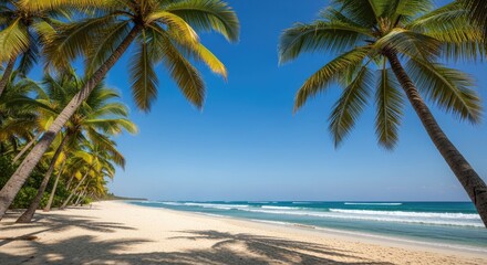 Fototapeta premium Escape to paradise with a stunning tropical beach scene featuring swaying palm trees and crystal-clear turquoise ocean waves under a brilliant blue sky