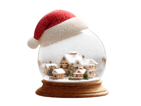 Santa Hat Balancing on a Snow Globe with Miniature Winter Scene, Isolated on Transparent Background