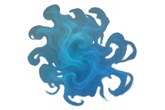 Blue smoke billowing, swirling dynamically, forming intricate patterns against transparent backdrop, perfect for digital graphic design compositions