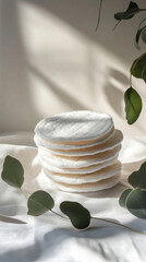 Stack of cotton reusable pads with eucalyptus branches and soft natural shadows