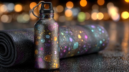 Colorful abstract design adorns a water bottle and exercise mat.