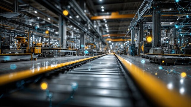 A modern factory floor with blurred background, bright yellow highlights, and digital overlay. Conveyor belt and machinery visible - Powered by Adobe