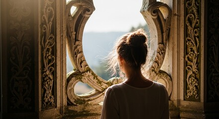Fototapeta premium Woman gazes through ornate window at scenic vista, bathed in sunlight.