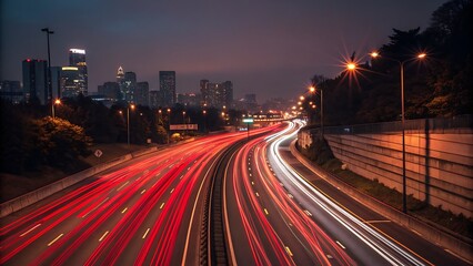 Obraz premium Cityscape at Night: Long Exposure Lights Flowing on Highway with Urban Skyline Backdrop, Soft Warm Tones.