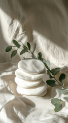 Stack of cotton reusable pads with eucalyptus branches and soft natural shadows