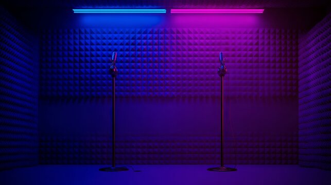 Two microphones on stands in a soundproof studio, illuminated by vibrant blue and pink lights, creating a dynamic atmosphere for music or podcast recording sessions