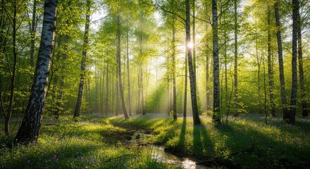 Naklejka premium Sunbeams stream through lush green forest canopy illuminating a serene woodland stream with wildflowers carpeting the floor