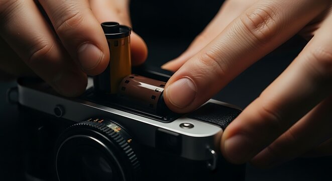 A person carefully loads a film cartridge into a vintage camera body.