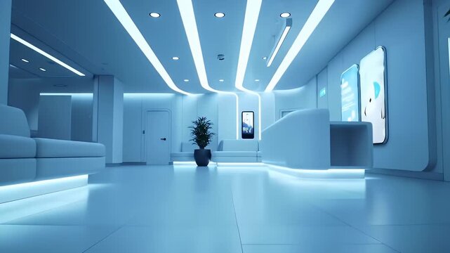 White Minimalist Hallway With Sleek Lines Recessed Lighting Potted Plants and White Furniture