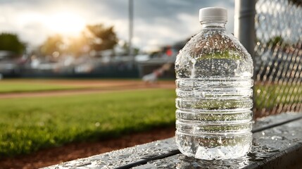 Clear plastic water bottle on a wet bench at a baseball stadium.