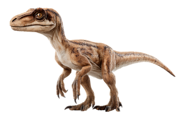  A full-body photograph of an aggressive velociraptor, white background