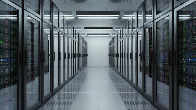 Camera walk-through of operational data center with rows of illuminated servers