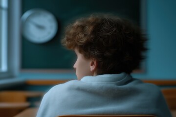 Fototapeta premium Young caucasian male teen in classroom with clock on chalkboard wall