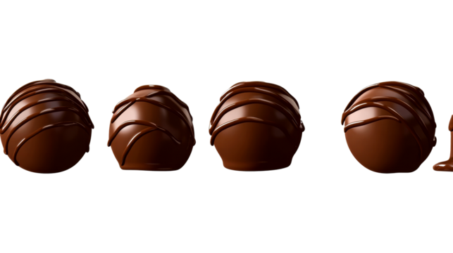 Glossy chocolate truffles on a clear background