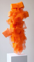 Surreal fabric sculpture resembling melting orange cubes on white pedestal.