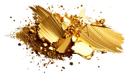 Golden foil splash with shimmering glitter and textured brush strokes on white scene