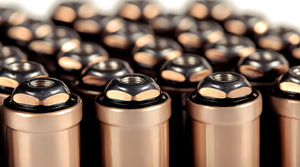 Close-up view of many cylindrical parts, likely components.  Copper-colored casings with black tops and visible threading.  Organized in rows, suggesting production or assembly