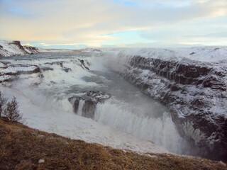 Gullfoss waterfall in winter landscape.