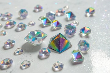 A dazzling collection of iridescent, faceted crystals and gems scattered across a sparkling, glittery surface, catching the light