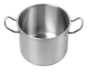 Empty stainless steel cooking pot with handles on white background