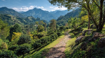 Fototapeta premium Mountain valley with coffee plantation path