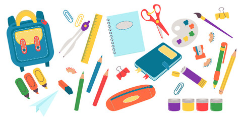 School stationery and Art Supplies Set , accessories for study, student equipment. Back to school