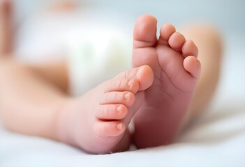 Newborn baby feet resting on a blanket, symbolizing new life, maternity care, and gentle beginnings. Tiny infant heels. Neonatal health, parenting, and postnatal care. Maternity hospital. Pediatrics 