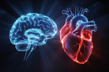 Anatomic xray reveals glowing brain and heart, contrasting blue and red, on dark