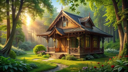 Fototapeta premium Serene Wooden Cottage Nestled Amidst Lush Forest, Bathed in Golden Sunlight, a Picturesque Path Leading to Tranquil Retreat