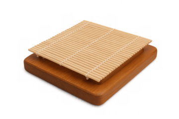 Bamboo mat resting on wooden tray, positioned for sushi serving against transparent background