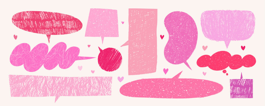 Crayon speech bubble vector set in pink and red on light background with heart doodles. Hand drawn talk and speech elements with playful texture. Use for Valentine's prints, stickers, cute designs