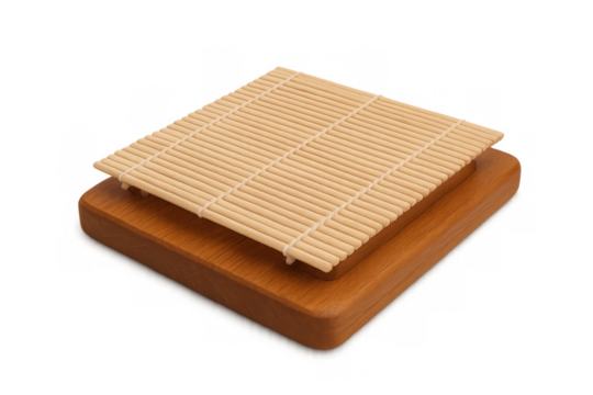 Bamboo mat resting on wooden tray, positioned for sushi serving against transparent background