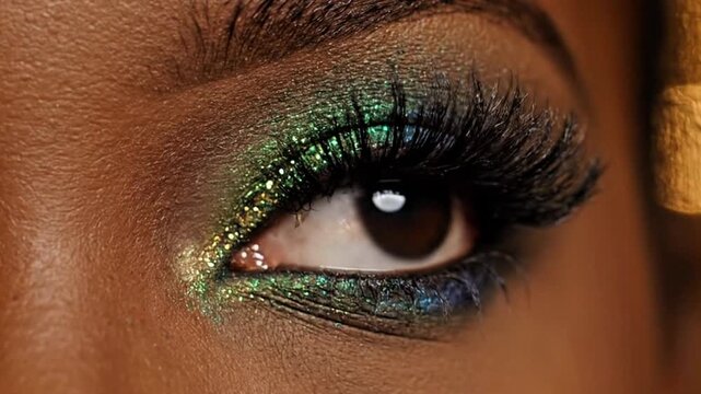 Close up extreme macro shot of a woman's eye with vibrant shimmering green and blue glitter eyeshadow and, eye, close up, macro, extreme close up, beauty, makeup, eyeshadow, glitter, shimmering, spark