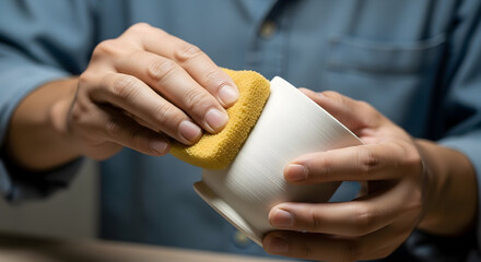 Close-up of Hands Using a Sponge to Smooth a Ceramic Vessel