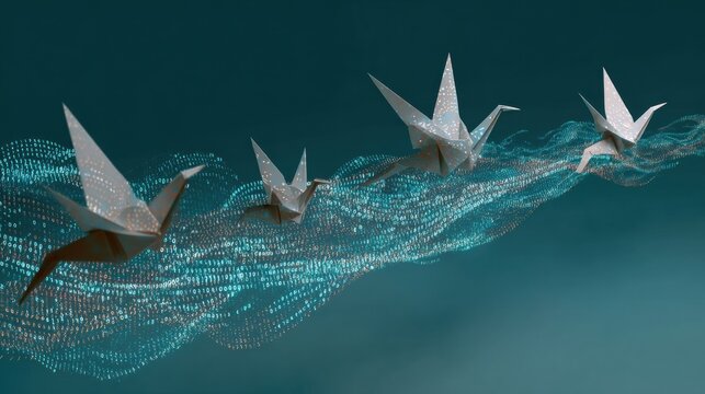 Origami Birds Gracefully Transforming Into Digital Code, Illustrating the Fusion of Art and Technology in a Mesmerizing Flight Path - Powered by Adobe