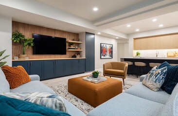 Stylish living room boasts media center, comfortable seating, and modern kitchen.