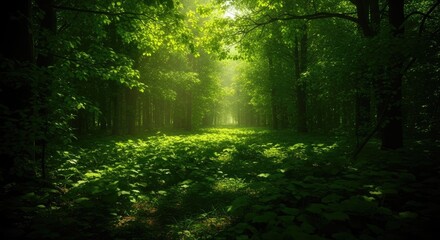 Fototapeta premium Sunlight streams through lush green forest canopy illuminating a vibrant, leafy path inviting exploration and peaceful contemplation