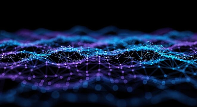 Dynamic abstract network of glowing blue and purple nodes connected by lines, representing data flow and digital connections.