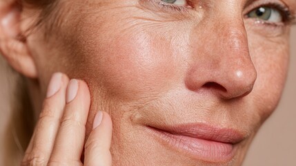 A close-up of a woman's face with delicate skin and subtle wrinkles, her hand gently touching her cheek