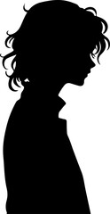 This is a black and white silhouette of a person with shoulder-length wavy hair, viewed from the side, wearing a collared garment, suggesting a possibly pensive or thoughtful mood.