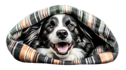 Happy dog wrapped in a cozy blanket with a friendly expression