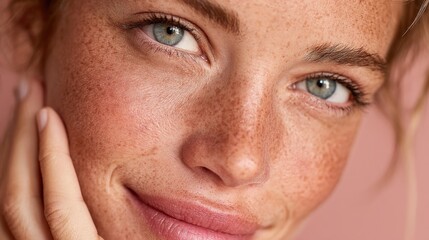 Fototapeta premium Close-up of a fair-skinned person with light eyes, a warm smile, and a dusting of freckles, touching their cheek