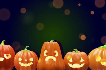 A horizontal 3D Halloween banner featuring five carved jack-o-lantern pumpkins arranged in a row. Party invitations, seasonal advertisements, or social media posts.