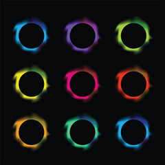 Collection of round glowing neon lighting on dark background with copy space. Abstract cosmic vibrant color circle border. Radiant speed motion design. 