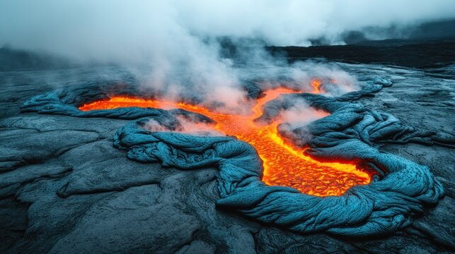 Molten lava flows across volcanic landscape.  A breathtaking view of a fiery river of molten rock snaking across a dark, rugged terrain.